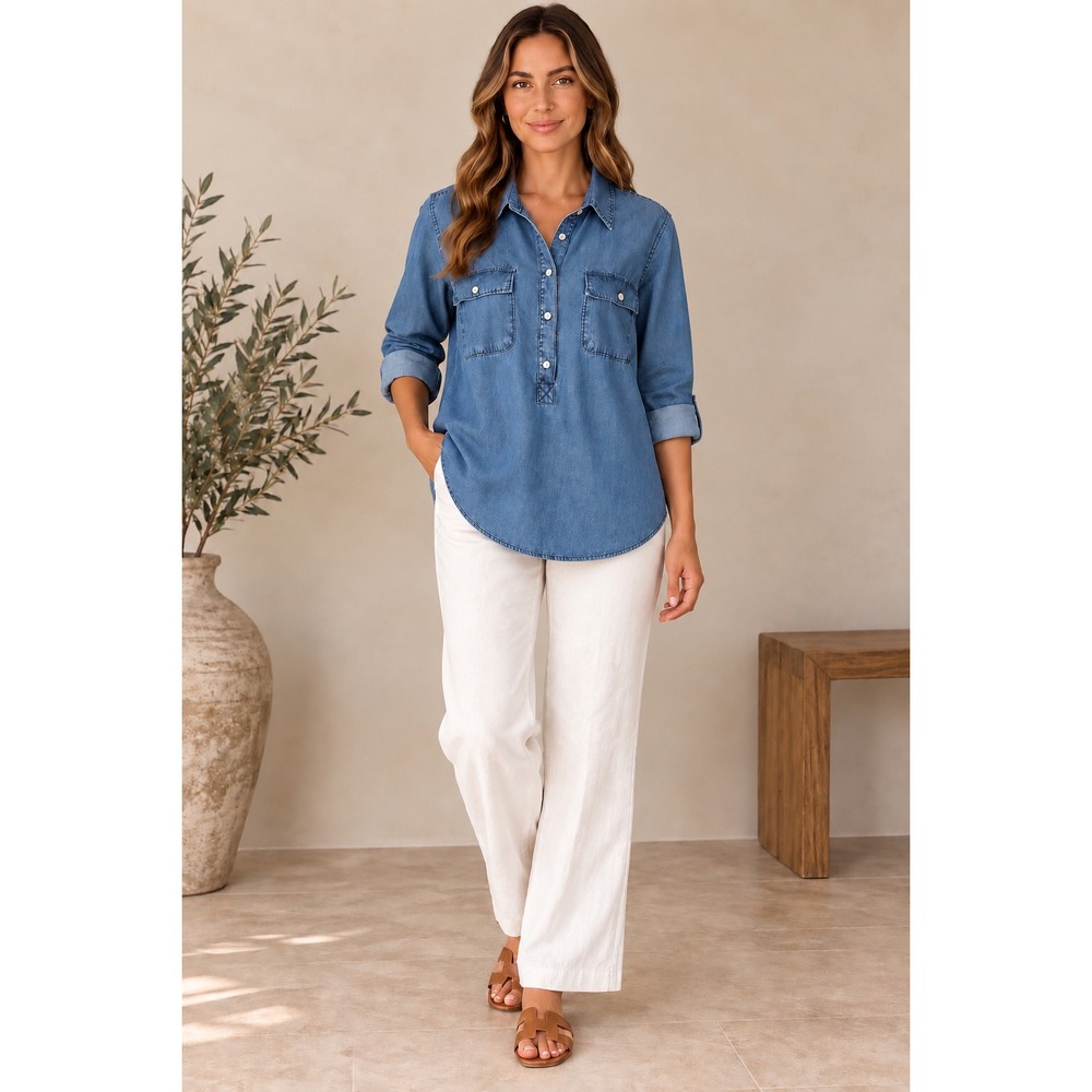 A New Day Denim Popover Shirt L XL Fit Tagged XXL Boho Minimalist Blue Tunic